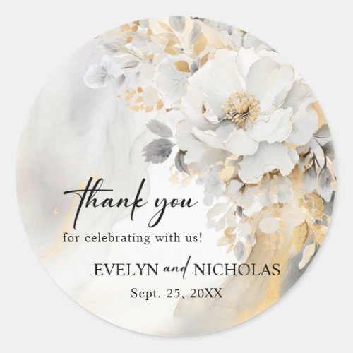 Gold Grey Floral Peony Flower Wedding Thank You Classic Round Sticker