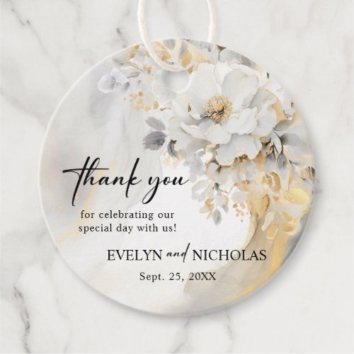 Gold Grey Floral Peony Flower Wedding Thank You Favor Tags
