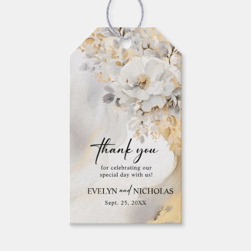 Gold Grey Floral Peony Flower Wedding Thank You Gift Tags