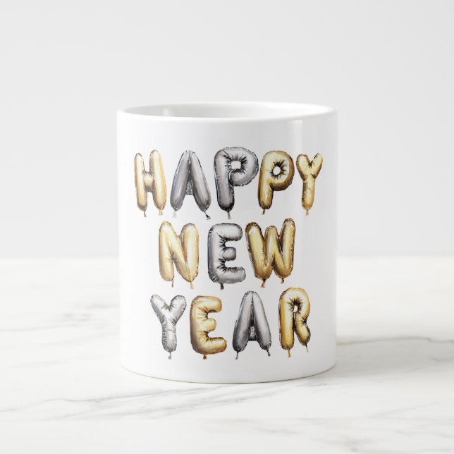 Gold Grey Happy New Year Giant Coffee Mug (Front)