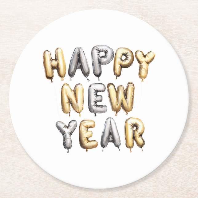 Gold Grey Happy New Year Round Paper Coaster (Front)