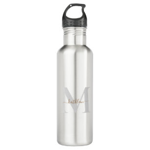 Gold & Grey Monogram& Name Swash Script  Stainless Steel Water Bottle