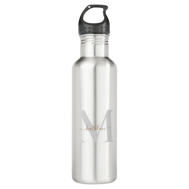 Gold & Grey Monogram& Name Swash Script  Stainless Steel Water Bottle (Front)