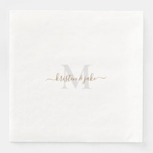 Gold & Grey Monogram & Script Names Paper Dinner Napkins