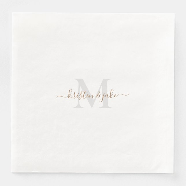 Gold & Grey Monogram & Script Names Paper Dinner Napkins (Front)