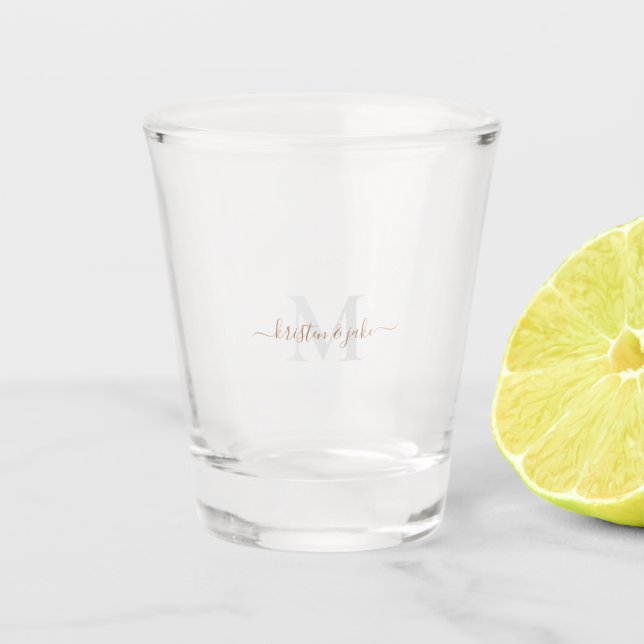 Gold & Grey Monogram & Script Names Shot Glass (Front)