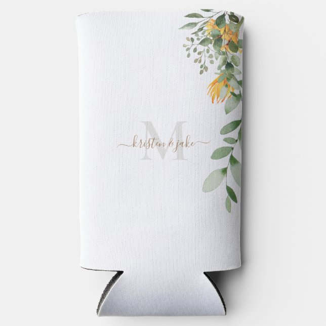 Gold & Grey Monogram & Script Names Sunflower Selt Seltzer Can Cooler (Front)