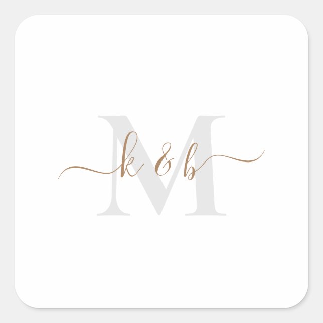 Gold & Grey Monogram Swash Script II Square Sticker (Front)