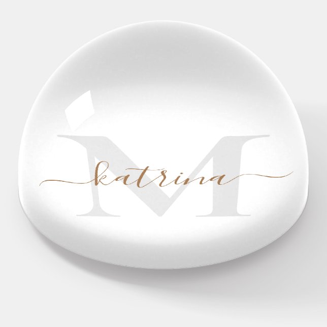 Gold & Grey Monogram Swash Script Paperweight (Angled)