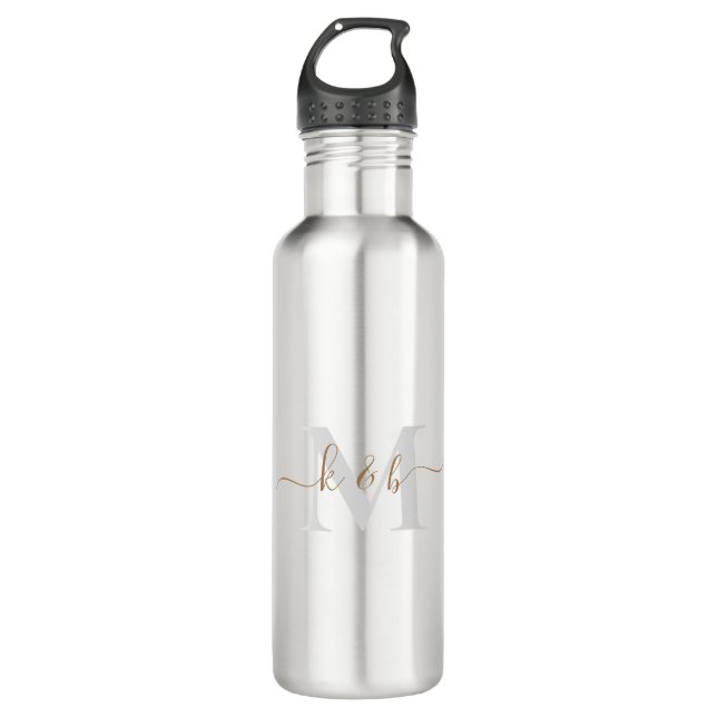 Gold & Grey Monogram Swash Script Stainless Steel Water Bottle (Front)