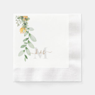 Gold & Grey Monogram Swash Script Sunflower Napkins