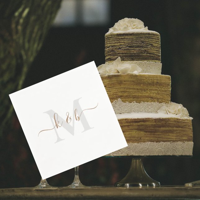 Gold & Grey Monogram Swash Script White Cocktail  Napkins (Creator Uploaded)