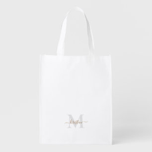 Gold & Grey Script Monogram White Grocery Bag