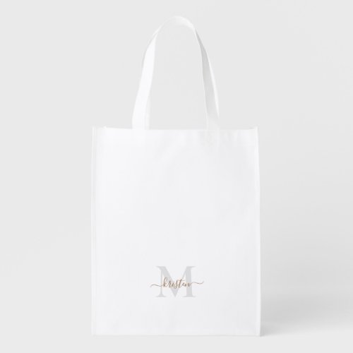 Gold  Grey Script Monogram White Grocery Bag