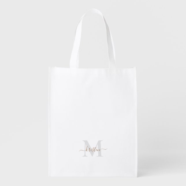 Gold & Grey Script Monogram White Grocery Bag (Front)