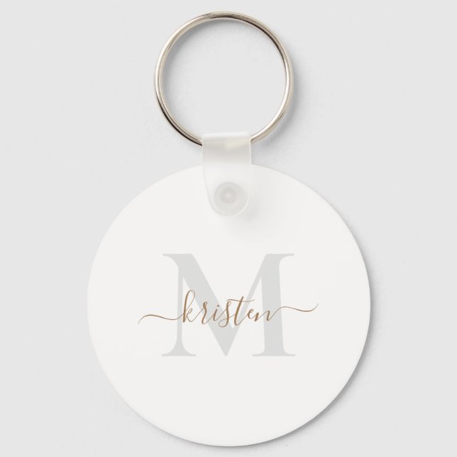 Gold & Grey Script Monogram White  Keychain (Front)