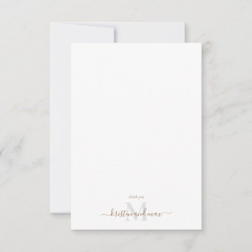Gold  Grey Script Monogram White Wedding  Thank You Card
