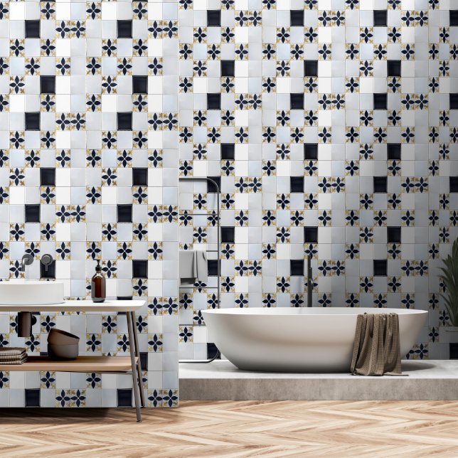 Gold Grey Small Tile Pattern Wallpaper (Bathroom)