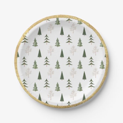 Gold Grunge Hand Drawn Pine Tree Christmas Paper Plates