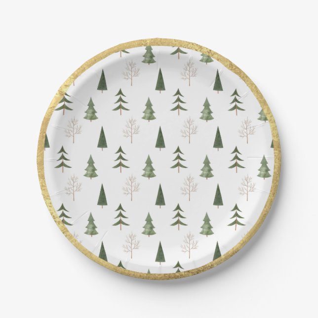 Gold Grunge Hand Drawn Pine Tree Christmas Paper Plates (Front)