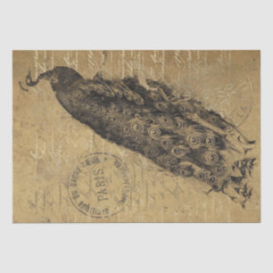 Gold Grunge Peacock Bird French Script Decoupage Tissue Paper
