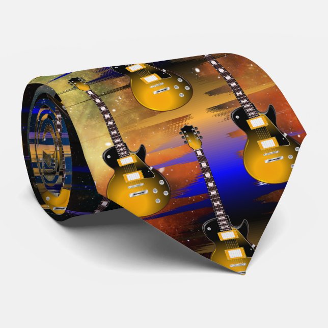 Gold Guitar and Music Sound Wave Neck Tie (Rolled)