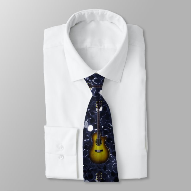 Gold Guitar Blue Faux Glitter Neck Tie (Tied)