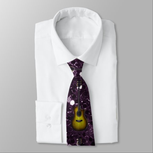 Gold Guitar Purple Faux Glitter Neck Tie