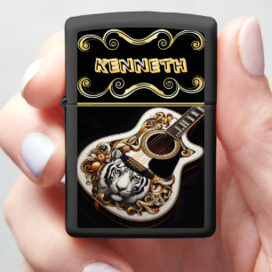 Gold Guitar with Intricate Tiger Design Zippo Lighter