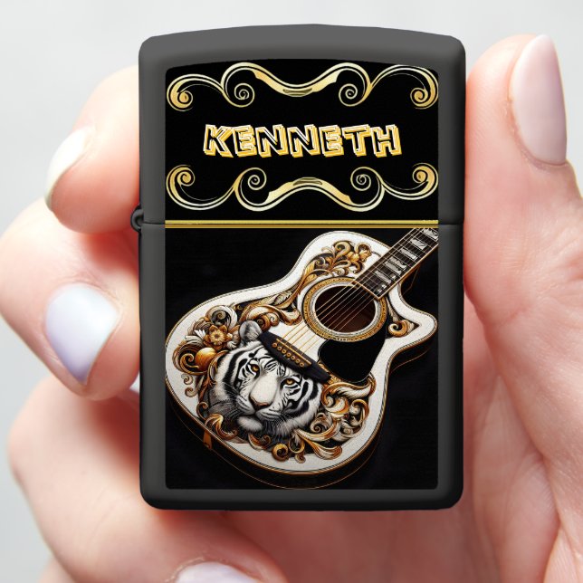Gold Guitar with Intricate Tiger Design Zippo Lighter (In Hand)