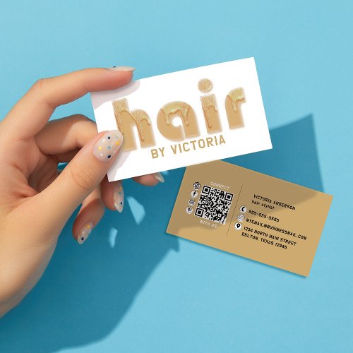 Gold Hair Glitter Drips Typography Stylist Salon Business Card