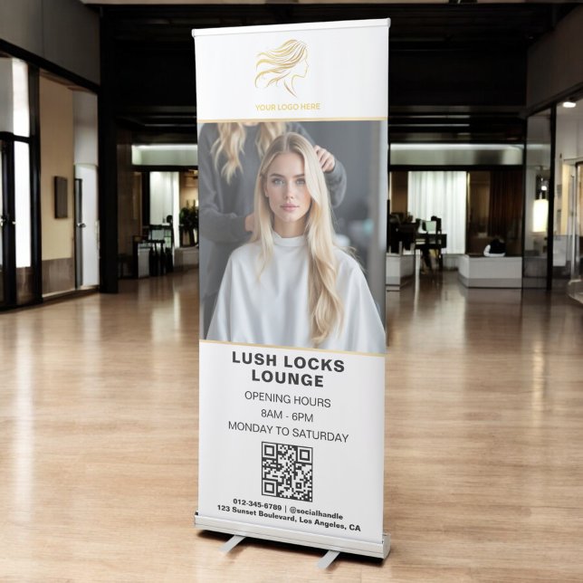 Gold Hair Salon QR Code Business Logo Photo Retractable Banner (Creator Uploaded)