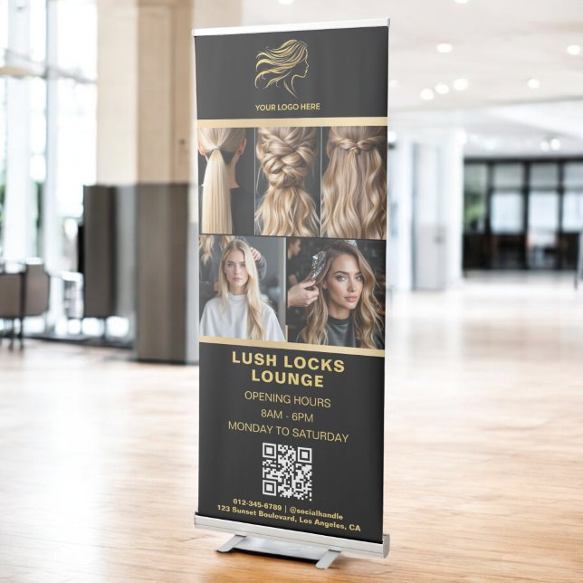 Gold Hair Salon QR Code Business Logo Photo Retractable Banner (Creator Uploaded)