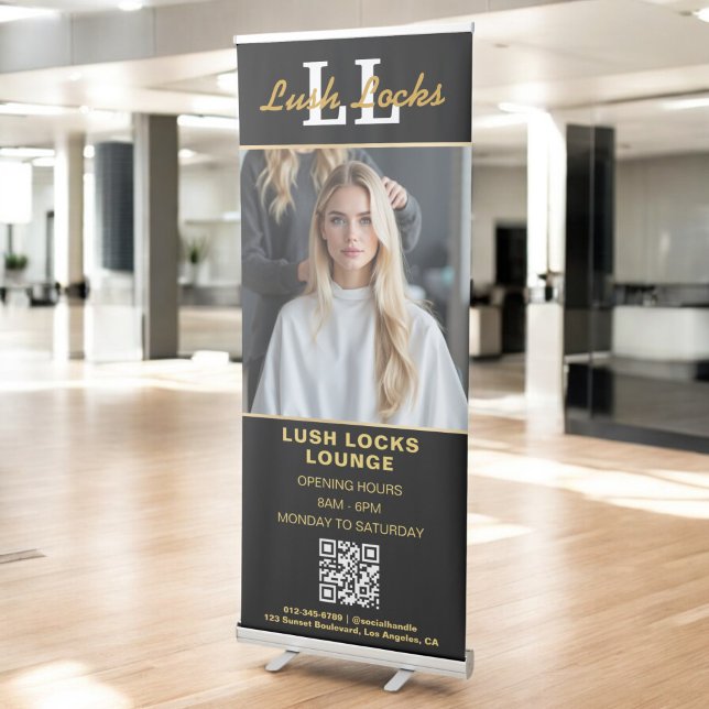 Gold Hair Salon QR Code Business Monogram Photo Retractable Banner (Creator Uploaded)