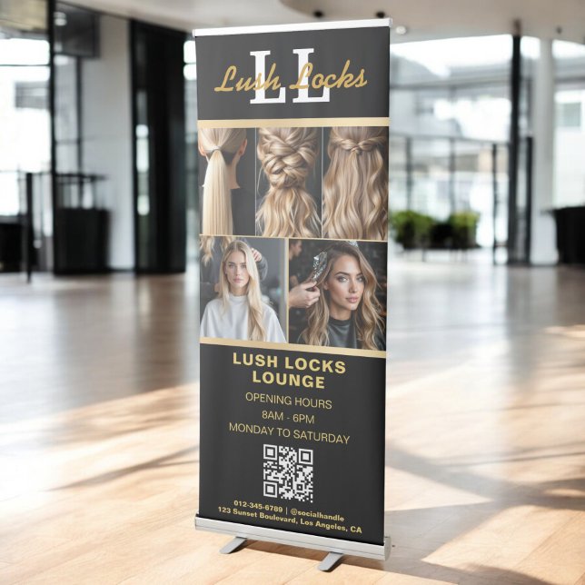 Gold Hair Salon QR Code Business Monogram Photo Retractable Banner (Creator Uploaded)