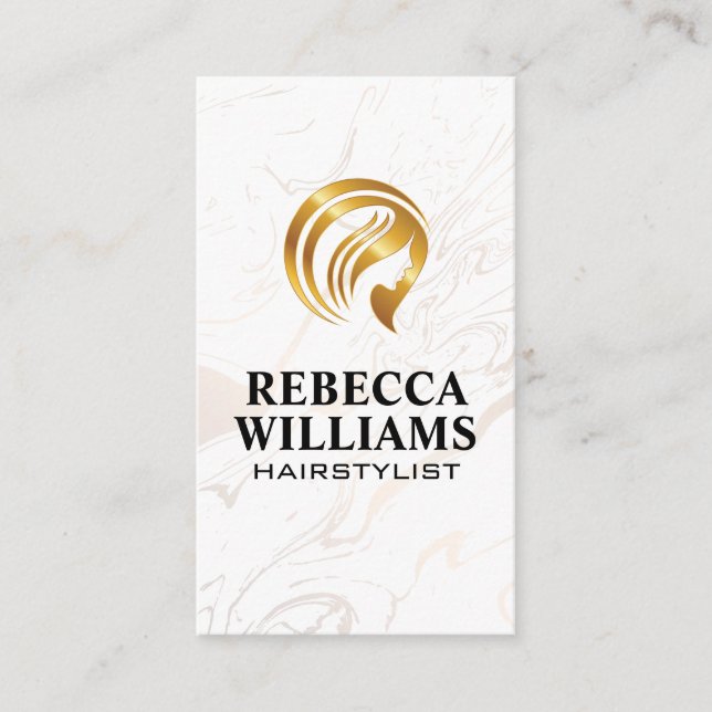 Gold Hair Stylist Logo | Marble Business Card (Front)