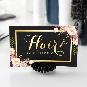 Gold Hair Stylist Scissors Trendy Girly Floral Business Card