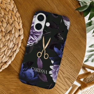 Gold Hairstylist Scissors on Elegant Dark Floral iPhone 16 Case