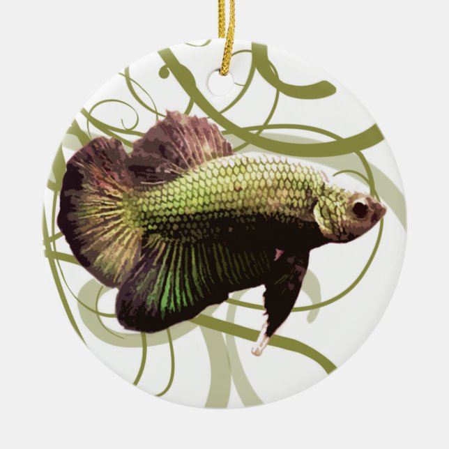 Gold Half-moon Betta Siamese Fighting Fish Ceramic Ornament (Front)