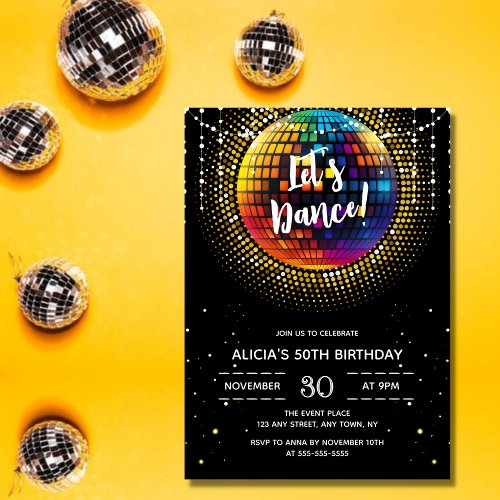 Gold Halftone Colorful Disco Ball Birthday Party Invitation