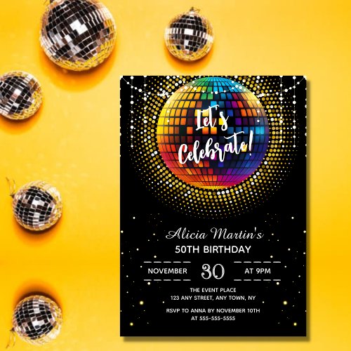 Gold Halftone Disco Ball Lets Celebrate Birthday Invitation