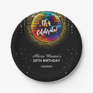 Gold Halftone Disco Ball Let's Celebrate Birthday Paper Plates
