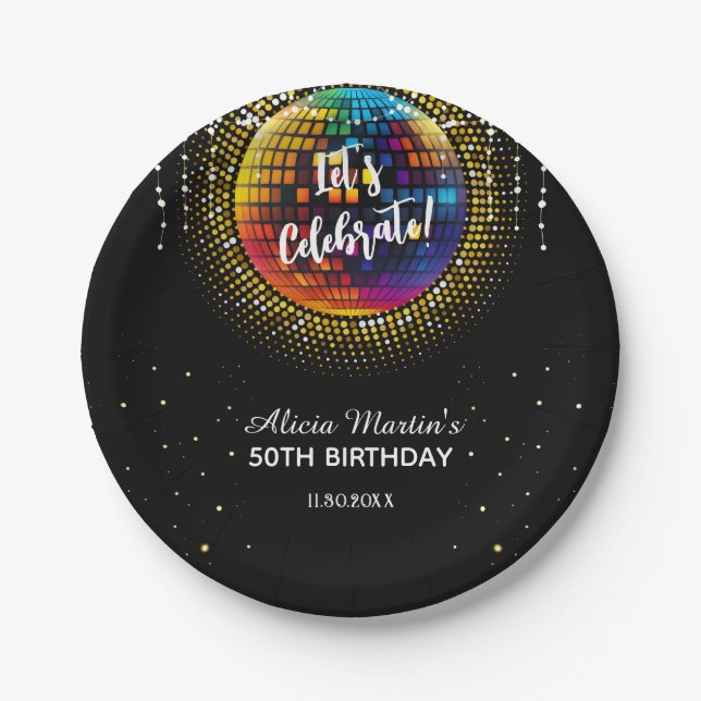 Gold Halftone Disco Ball Let's Celebrate Birthday Paper Plates (Front)