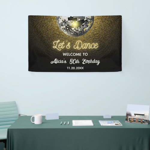 Gold Halftone Disco Ball Lets Dance Birthday Banner