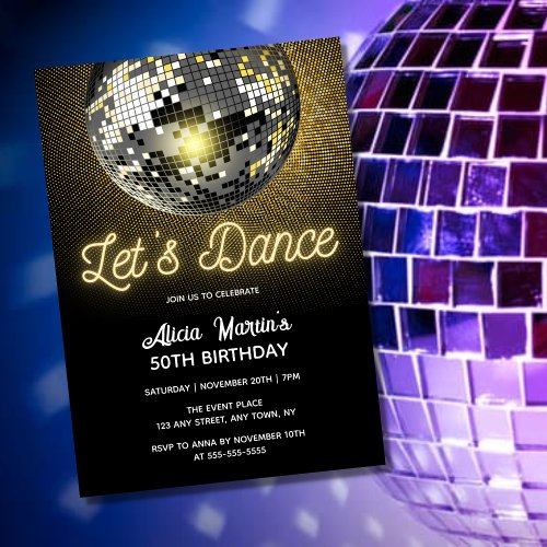 Gold Halftone Disco Ball Lets Dance Birthday Invitation
