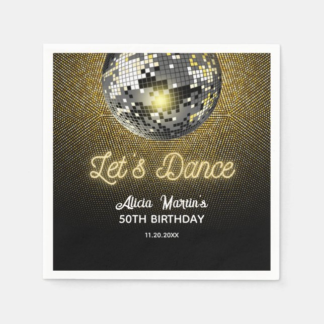 Gold Halftone Disco Ball Let's Dance Birthday Napkins (Front)