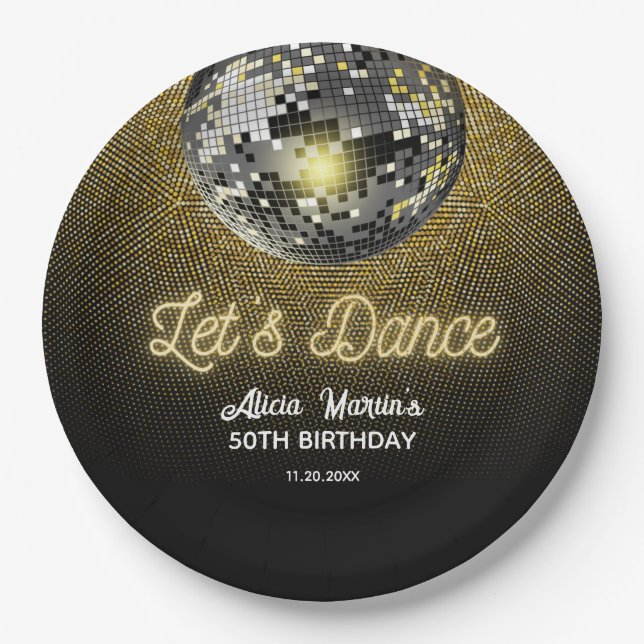 Gold Halftone Disco Ball Let's Dance Birthday Paper Plates (Front)