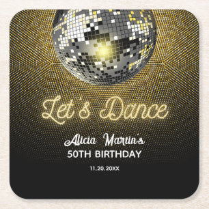 Gold Halftone Disco Ball Let's Dance Birthday Square Paper Coaster