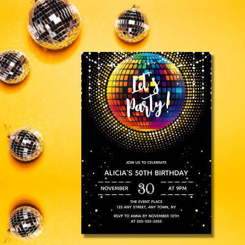 Gold Halftone Disco Ball Lets Party Birthday Invitation