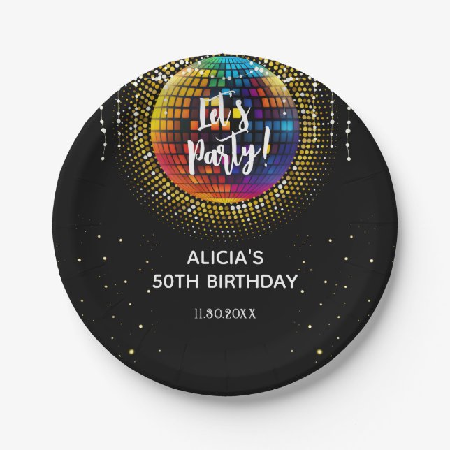 Gold Halftone Disco Ball Let's Party Birthday  Paper Plates (Front)